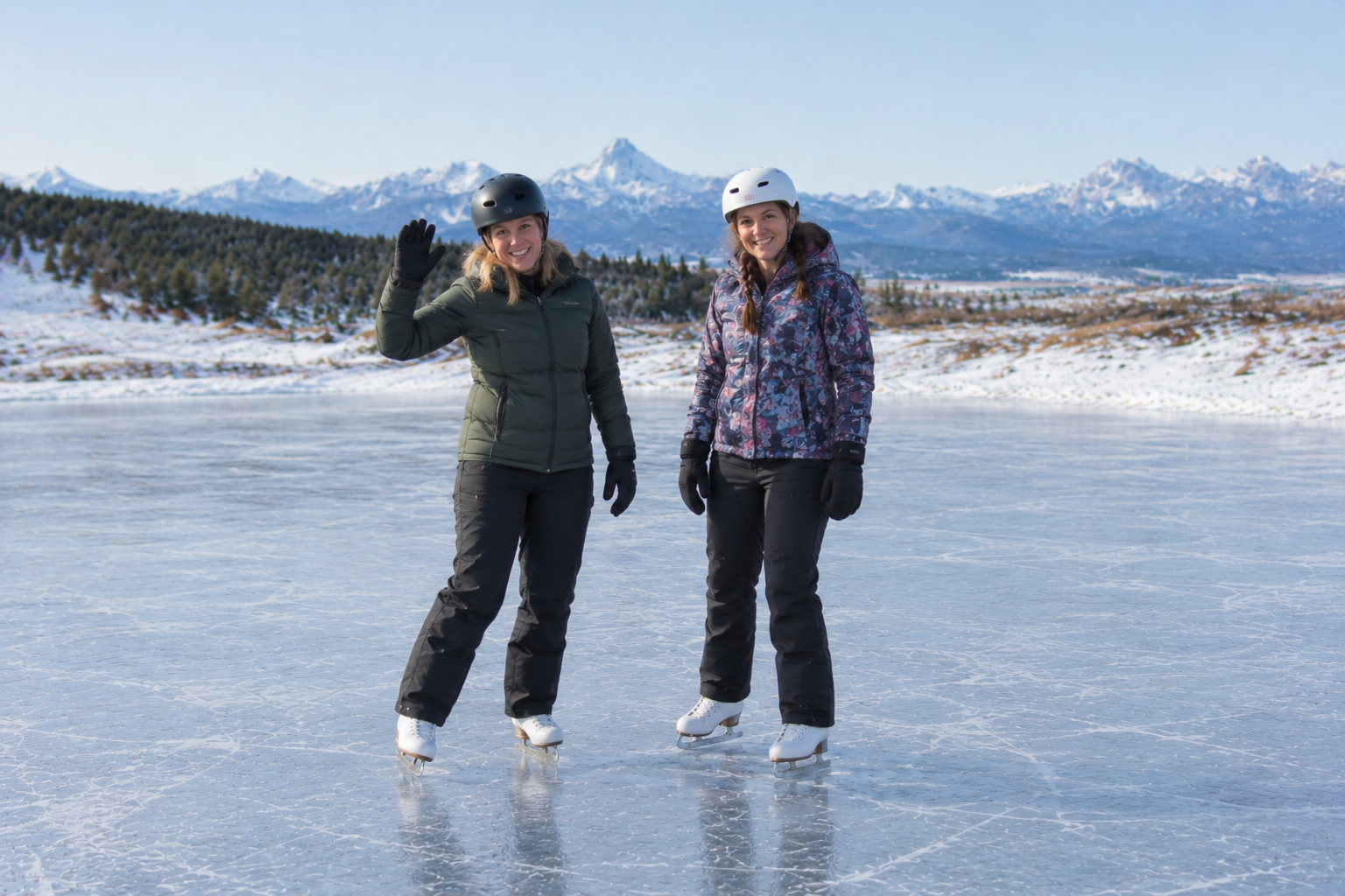 Two KickStart Skating instructors standing on the outdoor ice rink in the foothills