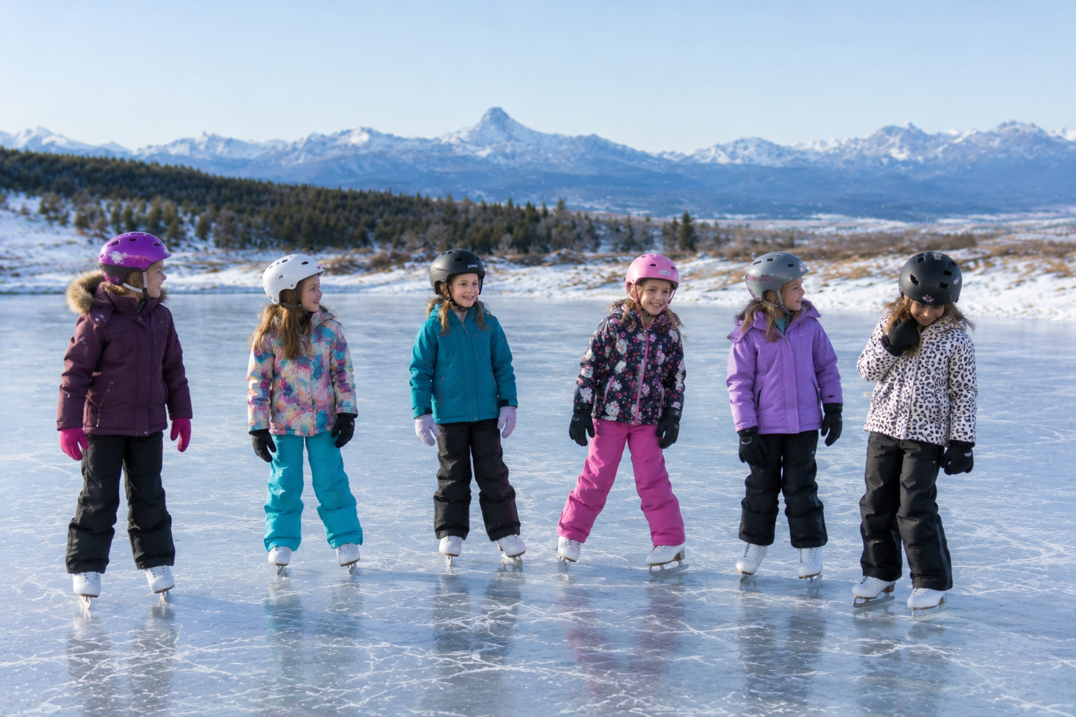 Children in colourful winter jackets learning together on the ice