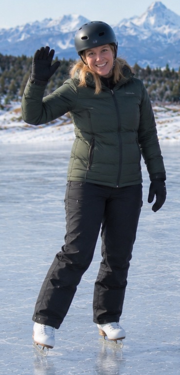 KickStart Skating coach wearing a black helmet and dark green jacket