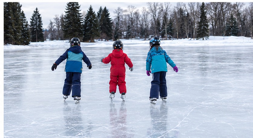Three children skating together on the outdoor rink